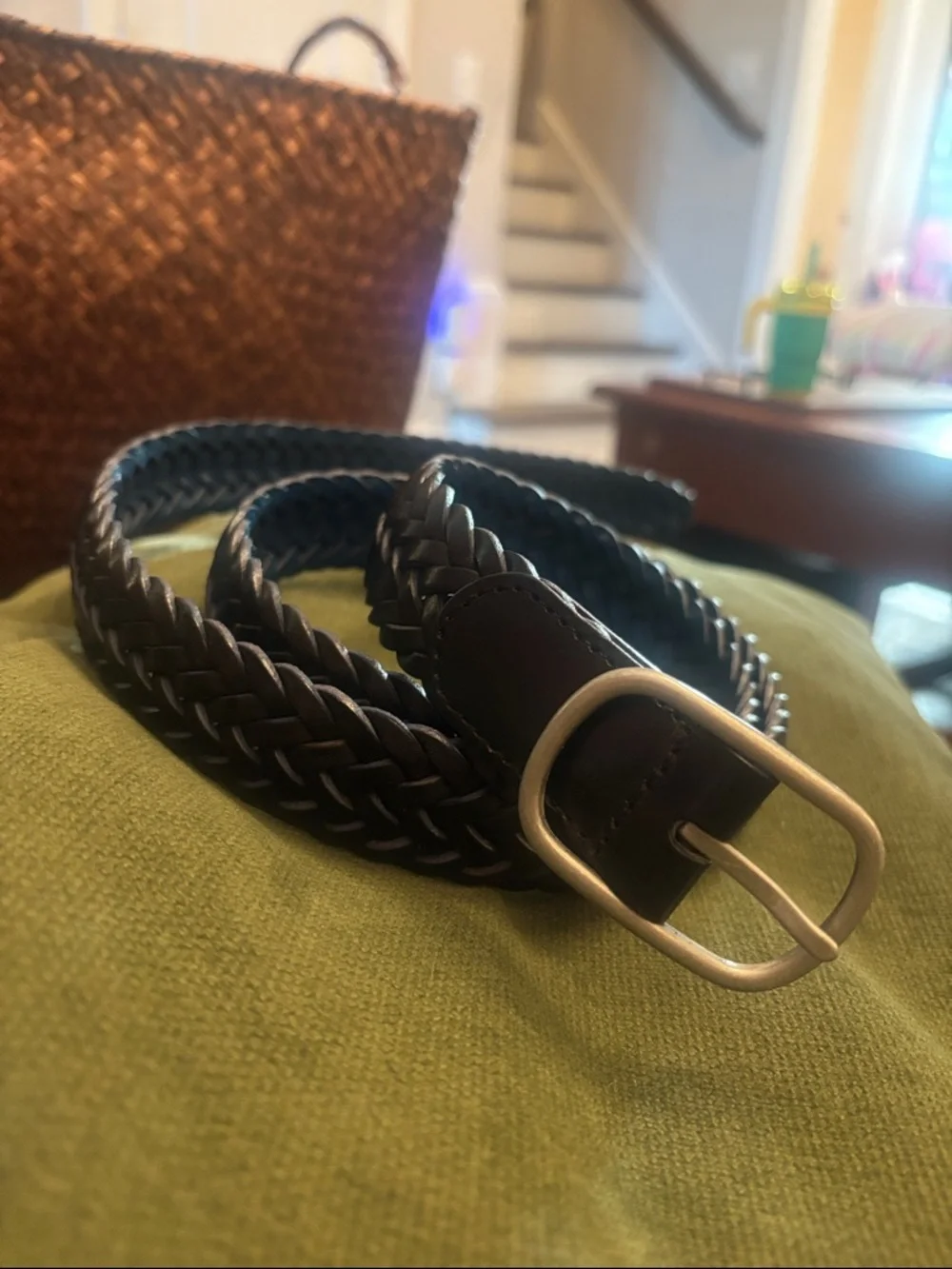 2 Lands' End Braided Leather Belt with solid brass/silver toned buckle